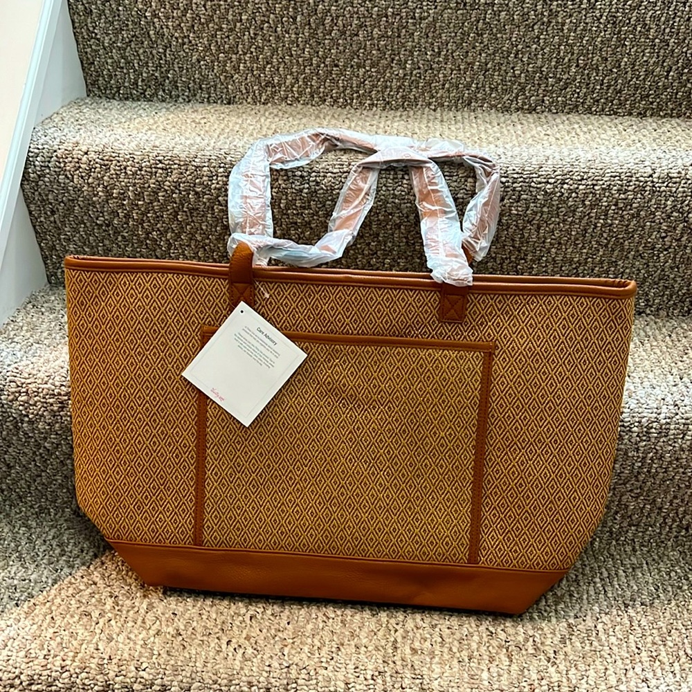 Thirty One Travel Beach Bag Extra Large Light Brown Diamond Pattern Teal Lining